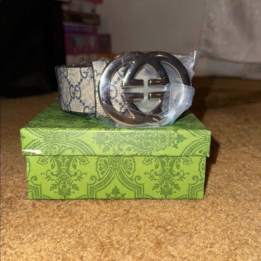 Gucci Men's Belt with Blue Monogram Pattern